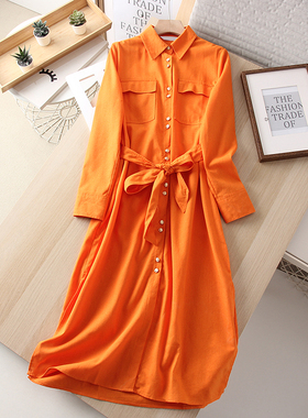 柜子449+！橘色亚麻混纺宽松腰带长袖衬衫裙连衣裙女装法式中长裙