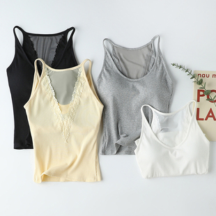 2025秋冬新品 螺纹蕾丝美背吊带大U鹅蛋领带胸垫乳胶背心上衣 法式