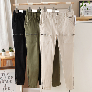 40898美国单~228美金！工装风裤脚拉链修身小脚裤女休闲裤子0.51