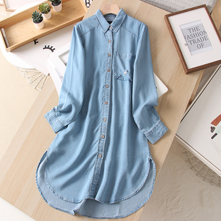 2025秋季 天si长袖 牛仔衬衫 裙女欧美宽松显瘦莱赛尔休闲衬衣 中长款