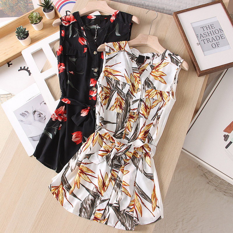 加拿大单~植物印花腰带收腰中长款无袖衬衫衬衣女夏显瘦气质衬衣