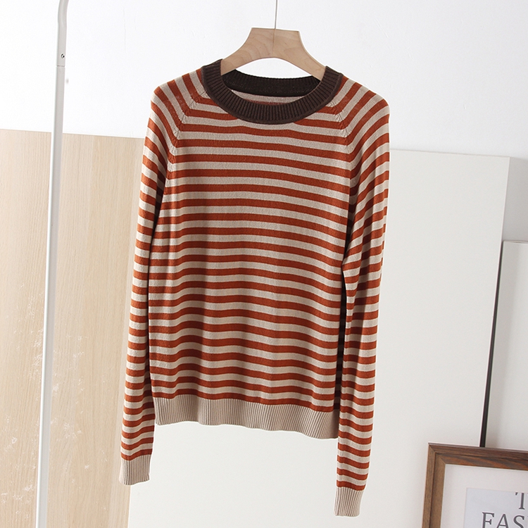 圆领撞色条纹宽松套头针织衫女