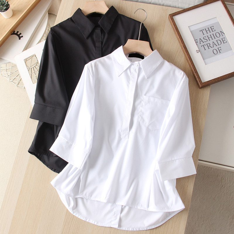2025春新款 设计感小众宽松口袋翻领五分袖 百搭短款 女衬衫上衣