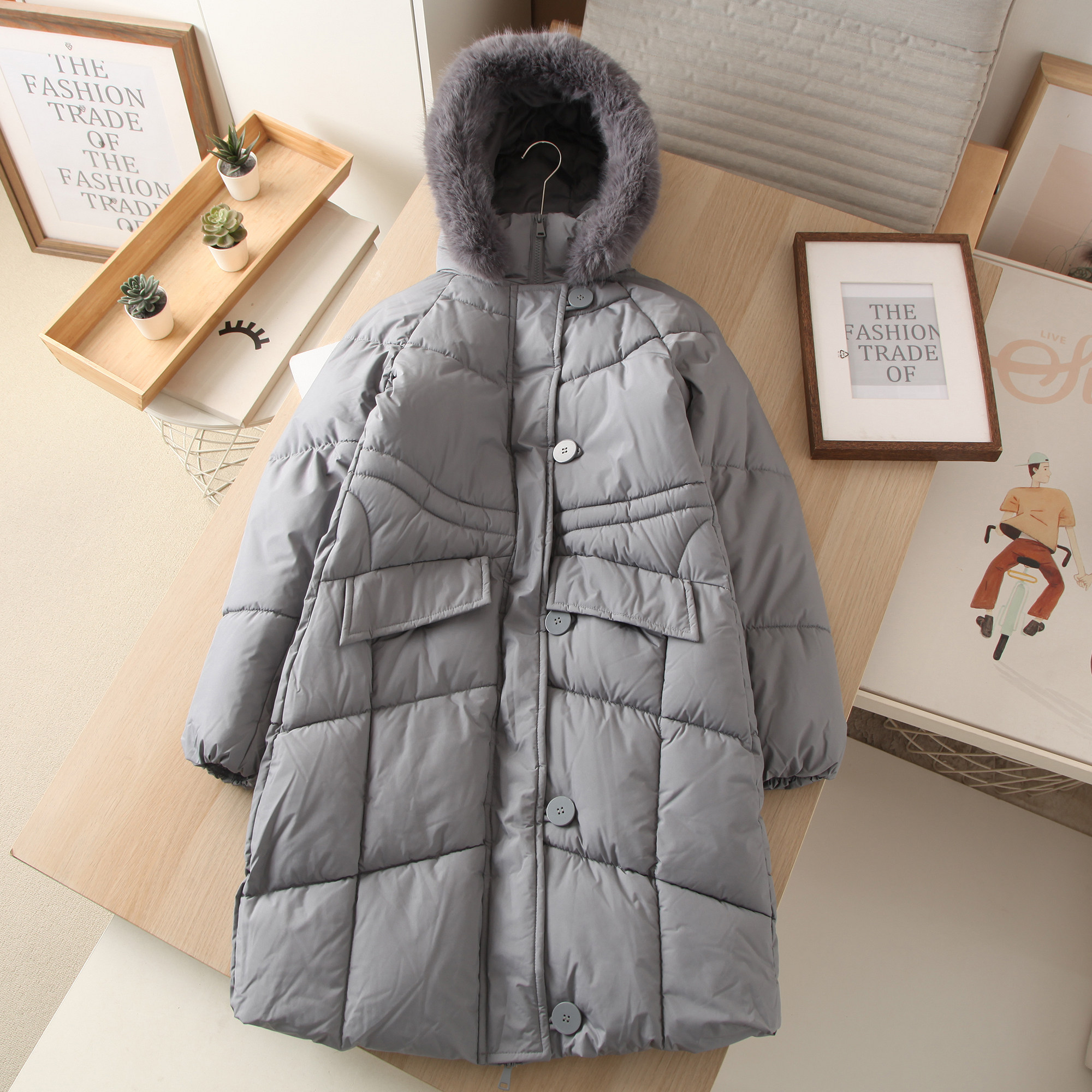 2025新品 毛领装饰连帽内抽绳收腰中长款加厚保暖棉服女