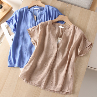 简约时尚 轻薄透气褶皱肌理 V小立领宽松连身短袖套头 女衬衫衬衣