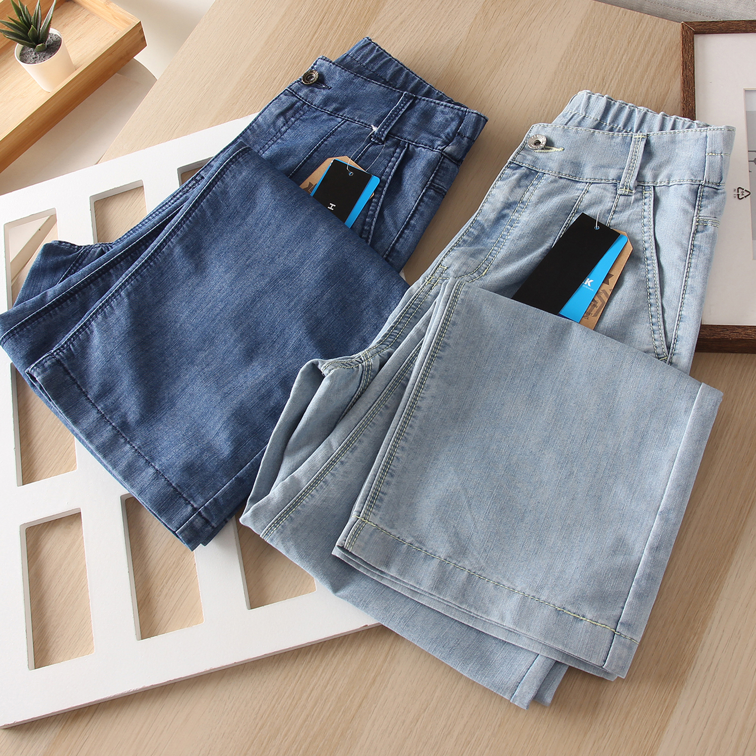 宽松大直筒混纺棉质休闲牛仔裤女