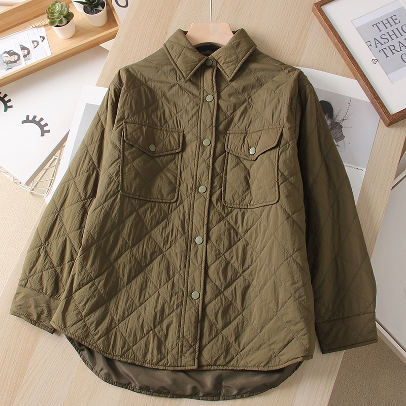 菱格夹棉衬衫式外套女2025新款韩版宽松显瘦中长翻领绗缝轻薄上衣