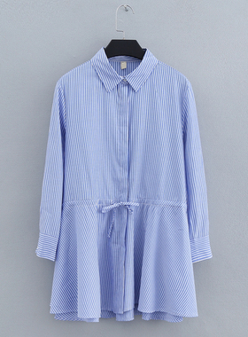 衬衣外贸尾货女装气质百搭抽绳收腰条纹中长款宽松长袖衬衫15904