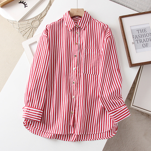 新品女装木巨299红白条纹宽松长袖衬衫上衣卷边袖口竖条休闲衬衣