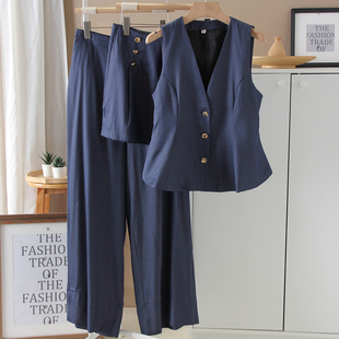 三件套无袖 女套装 背心马甲 直筒休闲百搭长裤 纽扣饰简约短裤 时装