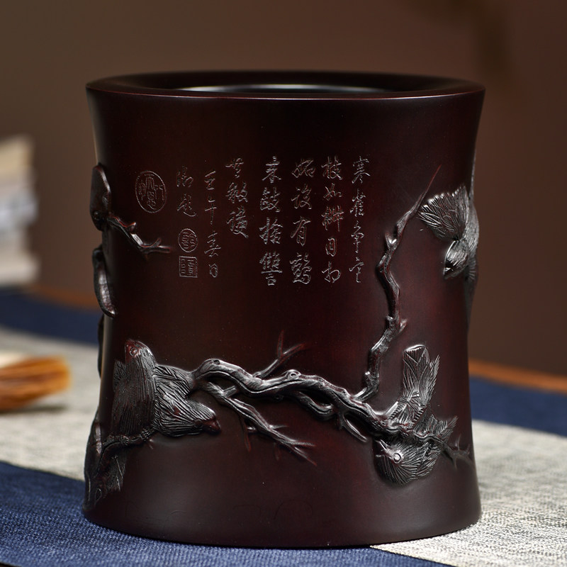 紫檀木寒雀图实木笔筒红木血檀小叶紫檀办公桌面装饰摆件送礼盒装