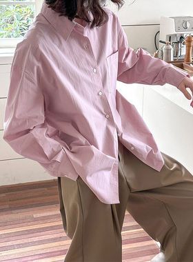 早秋新韩版韩版设计感纯色排扣翻领长袖衬衫女250103