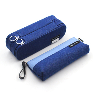 简约学生牛仔布笔袋双层立体笔盒大容量拉链文具铅笔盒帆布初中生