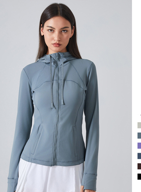 define瑜伽外套女上衣长袖连帽拉链开衫防风夹克健身跑步运动服