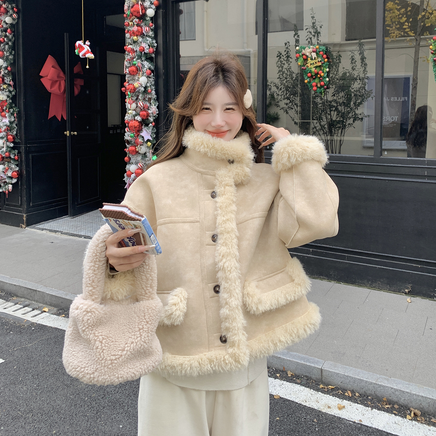 超好看厚皮毛一体羊羔毛外套女