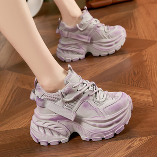 真皮网面老爹鞋女厚底10厘米2026新款做旧复古厚底增高时尚休闲鞋