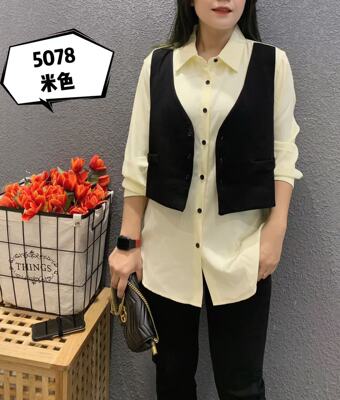 彩衣蝶大码女装假两件马甲拼接米黄色衬衫女春秋遮肚显瘦上衣5078