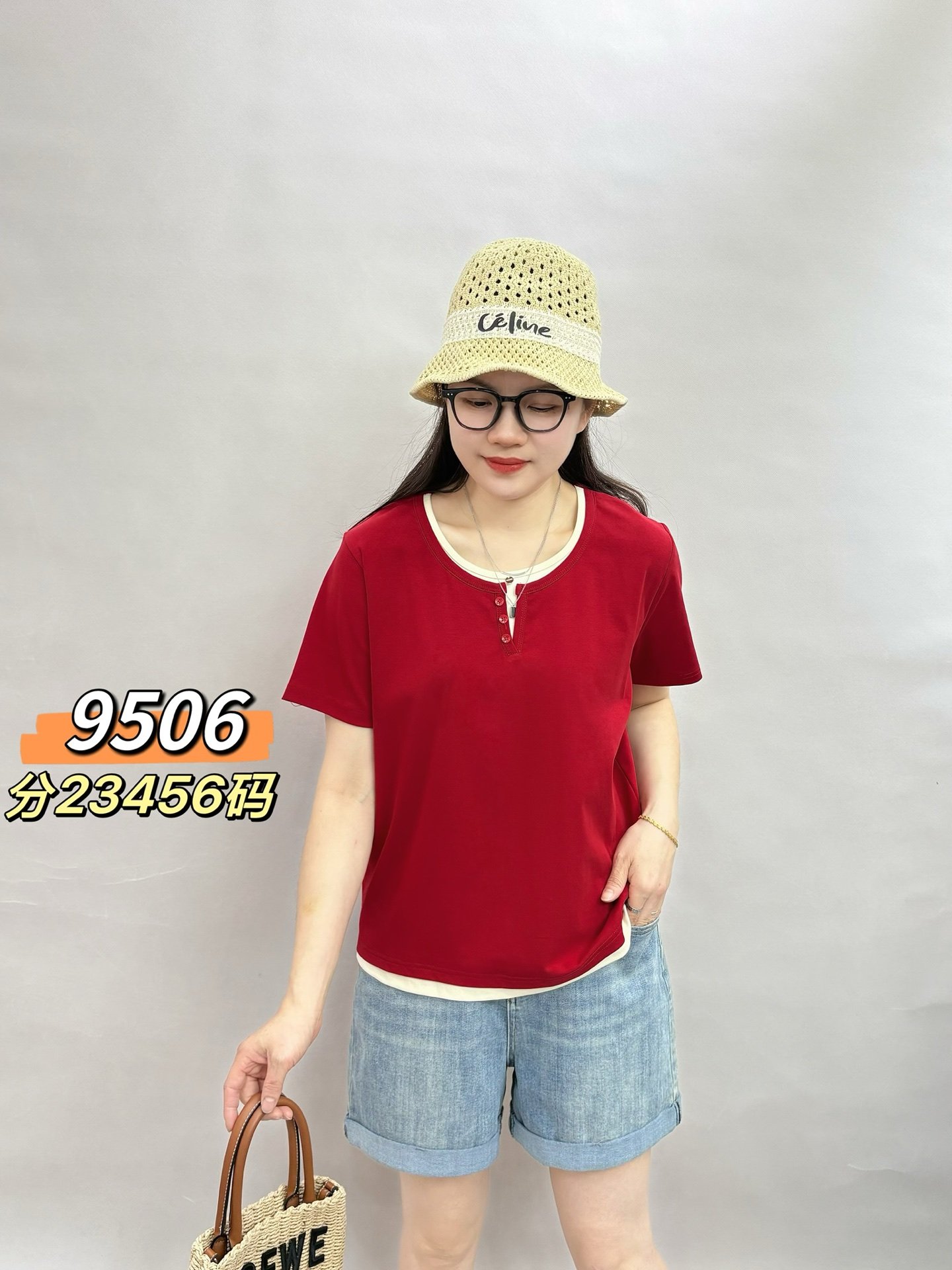 彩衣蝶Momo2025年夏季新款韩版宽松圆领假两件短袖女款T恤9506