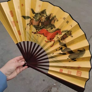 10寸絹布扇子八駿圖馬到成功中國風系列絲綢工藝折扇印花絹扇子
