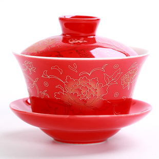 敬茶杯子结婚对杯茶具套装婚庆陶瓷器中国红盖碗新婚大托盘三件套