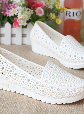 夏季坡跟白色护士鞋凉鞋女鞋塑料鸟巢镂空孕妇妈妈鞋工装鞋洞洞鞋