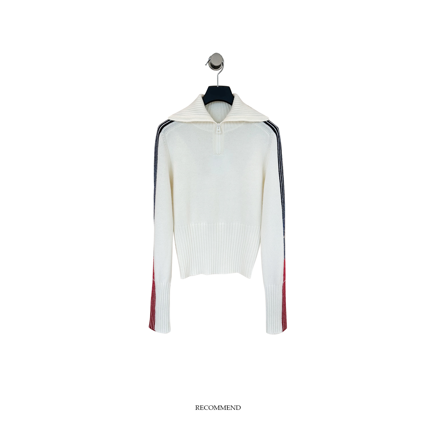 balla条纹拼接半拉链高领毛羊绒针织套衫羊绒翻领上衣女