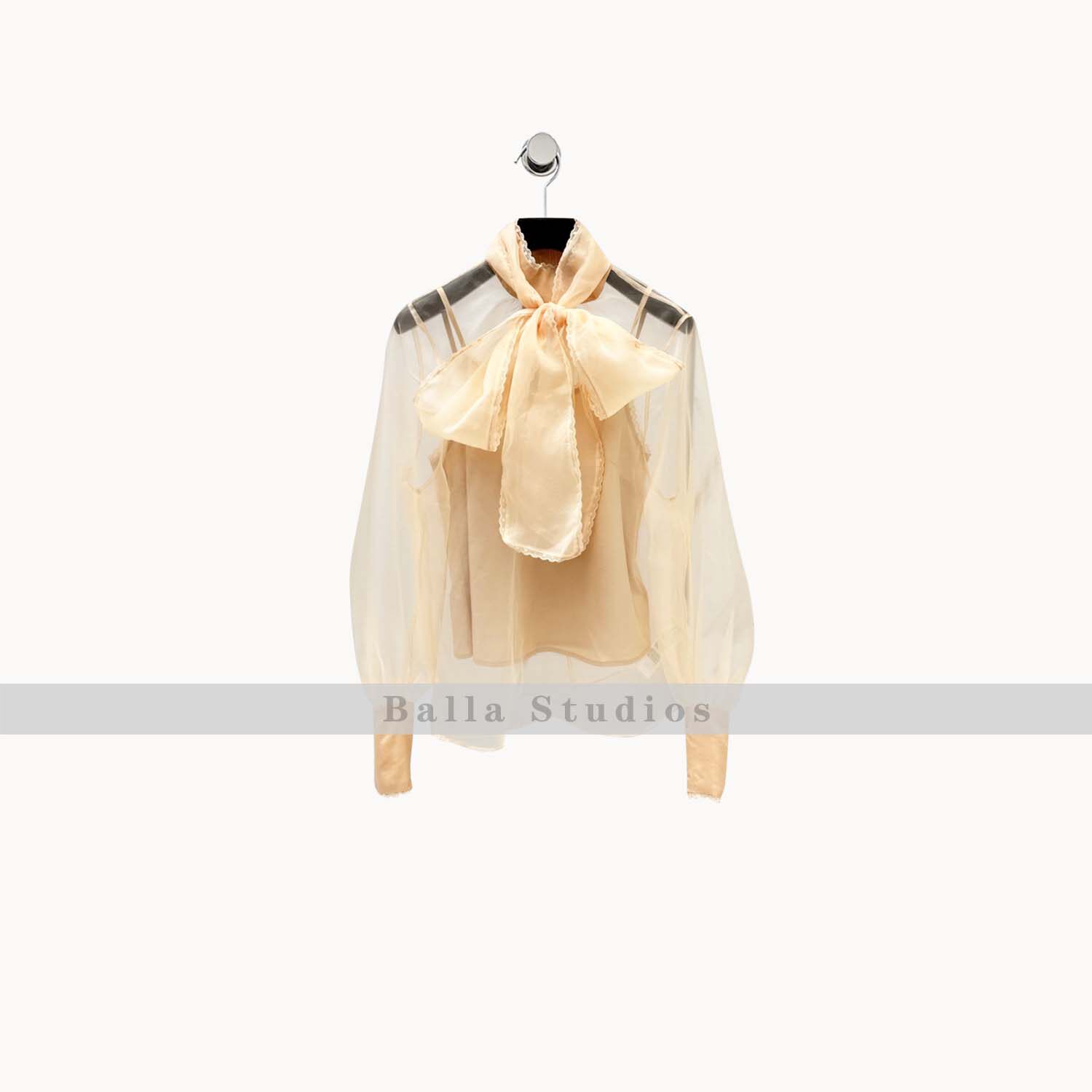 balla高品质通透材质度假风蝴蝶结绑带衬衫花边装饰长袖衬衣女