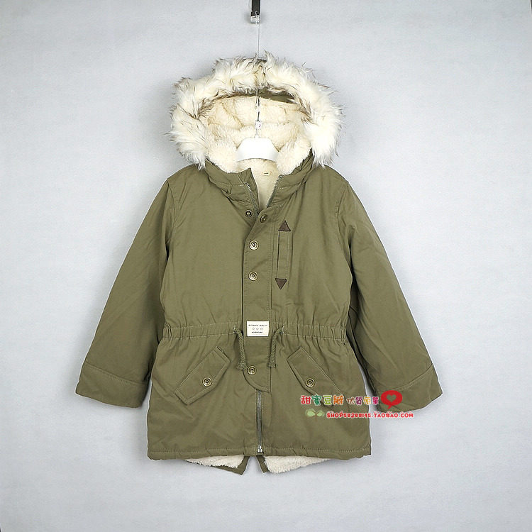 男女童冬款燕尾军绿色羊羔绒棉服棉衣棉大衣-真人秀