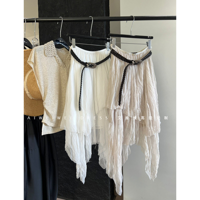 小众设计师款/ 不规则双层压褶荷叶下摆 薄纱编织腰带半身裙纱裙