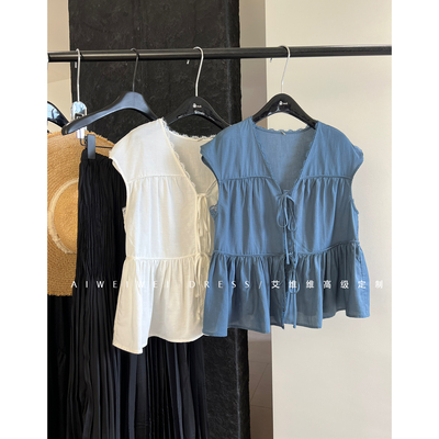 【天丝+亚麻】小众设计师 时尚捏褶蝴蝶结系带V领娃娃款罩衫衬衫