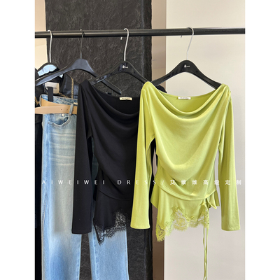 特价！小众设计/荡领一字肩T恤 纯欲不规则蕾丝系带下摆露肩上衣