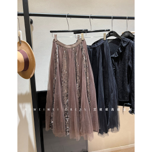 高及显瘦丝绒拼接百褶纱裙女秋冬 小众设计 巴黎梦幻 压褶仙女裙