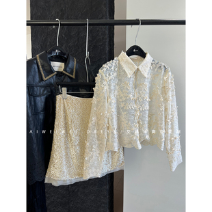 2026早春新款/法式设计师款 重工蕾丝绣花立体花朵翻领短款衬衫女