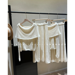 柔仙露肩荷叶边针织上衣 高定系列 半身裙长裙套装 进口绵羊毛