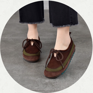 浅浅家2026春文艺复古平底女鞋真皮系带单鞋舒适百搭软牛皮豆豆鞋