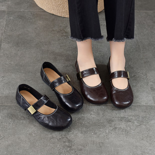 浅浅家2026春复古玛丽珍鞋女手抓纹羊皮低跟平底鞋真皮一字带单鞋
