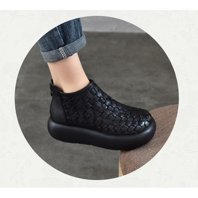 浅浅家2025秋冬新款手工复古女鞋头层牛皮厚底休闲小短靴小个子鞋