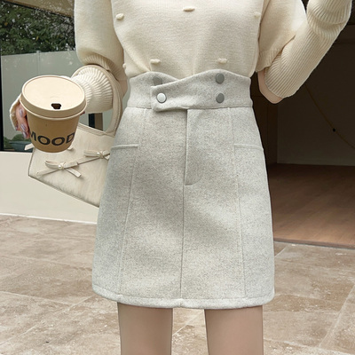 EMDPN高腰毛呢A字显瘦短裙