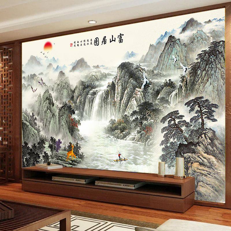 富春山居图壁纸中式客厅沙发电视背景墙布山水画壁布茶台壁画墙纸图片