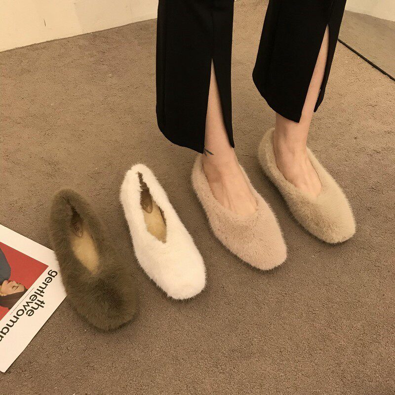 ROSE BLOOM ITSK WOOL SHOES WOMENS WINTER WEAR FLEECE BLOCK HEEL SQUARE TOE SOFT-SOLED MINK WOOL COTTON SHOES