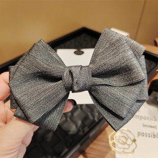 多层缎带蝴蝶结发夹简约黑灰色弹簧夹气质顶夹后脑勺半扎发横夹