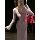 软糯长袖 Sun雅乔 秋冬重工V领钉钻紫色羊毛针织修身 连衣裙