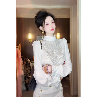 长袖 Sun雅乔 绣花珠片宫廷风小衫 早秋新款 白色木耳边衬衣上衣 衬衫