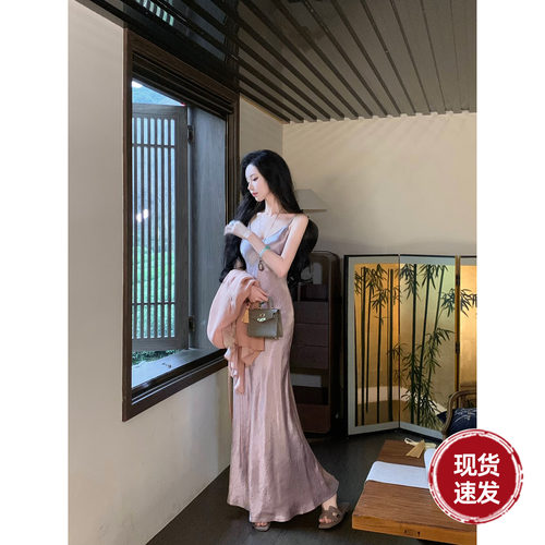 Sun雅乔【人间自在】夏季简约轻奢高级醋酸抓皱鱼尾吊带连衣 长裙