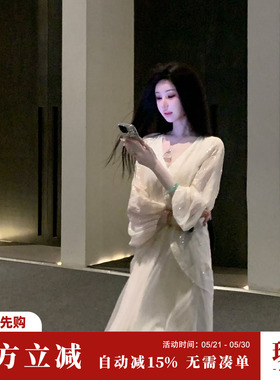 Sun雅乔【金玉浮图】春装复古提花宽松蝙蝠袖假两件长袖连衣长裙