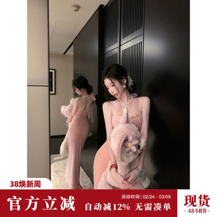 Sun雅乔【如花美眷】秋冬新款露背立体花朵网纱挂脖针织连衣长裙