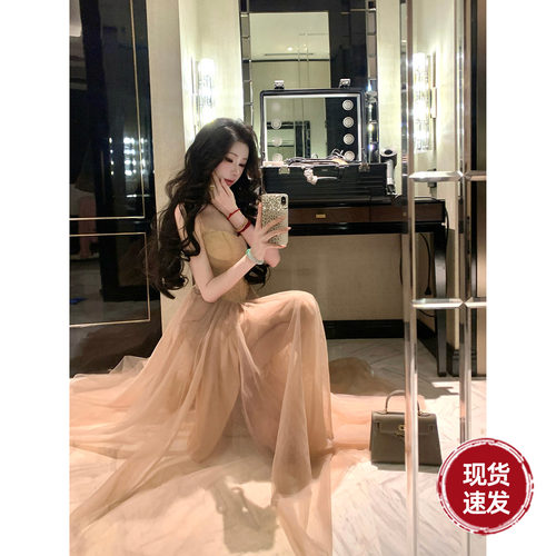 Sun雅乔【睡美人】夏时尚大裙摆超仙蕾丝网纱鱼骨收腰吊带连衣裙