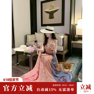 Sun雅乔【保持浪漫】夏季V领无袖不对称撞色印花飘带度假风连衣裙
