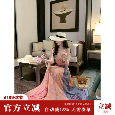 Sun雅乔【保持浪漫】夏季V领无袖不对称撞色印花飘带度假风连衣裙