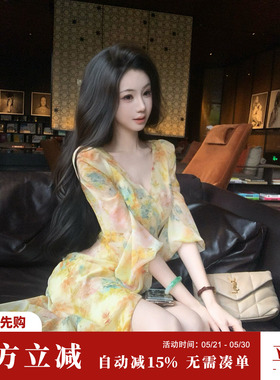 Sun雅乔【吉维尼花园】夏季海边度假灯笼袖水彩晕染油画连衣长裙